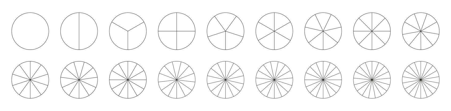 gesegmenteerd grafieken. reeks van pizza, taart tabel sjabloon. veel aantal van sectoren verdelen de cirkel Aan Gelijk onderdelen. verzameling van segmenten infografisch. diagram wiel onderdelen. vector schets zwart dun grafiek