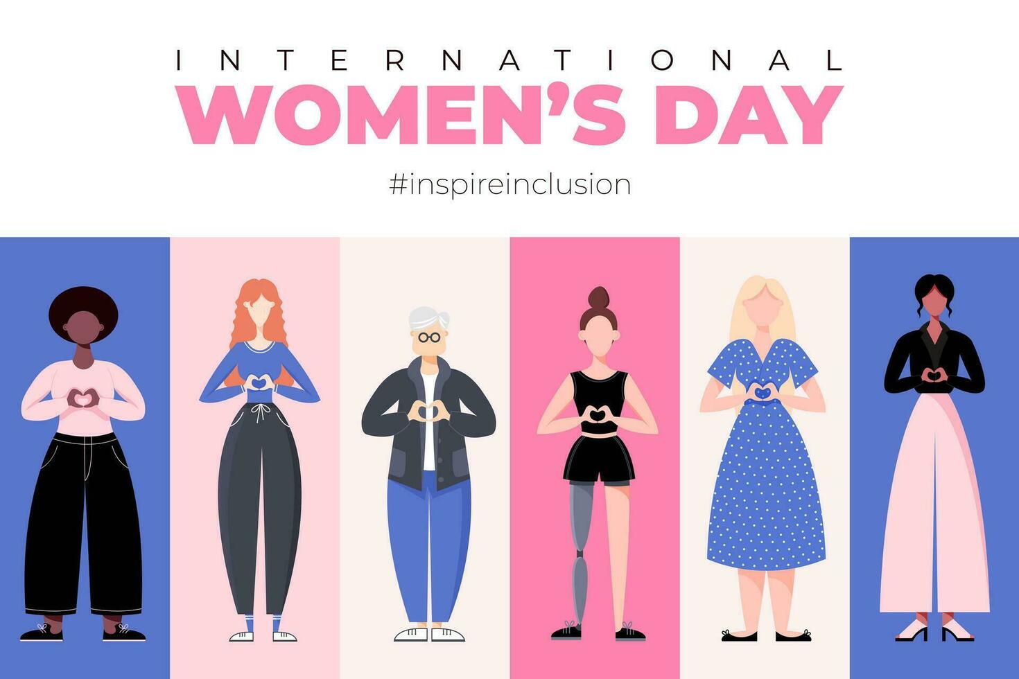 Internationale vrouwen dag. inspireren inclusie 2024 campagne. groep van Dames van verschillend etniciteit, leeftijd, lichaam type, haar- kleur vector illustratie in vlak stijl.