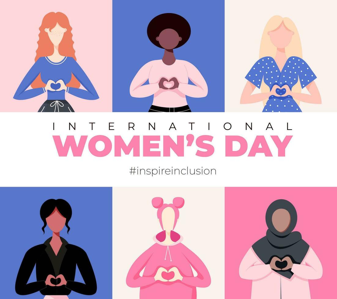 Internationale vrouwen dag. inspireren inclusie 2024 campagne. groep van Dames van verschillend etniciteit, leeftijd, lichaam type, haar- kleur vector illustratie in vlak stijl.