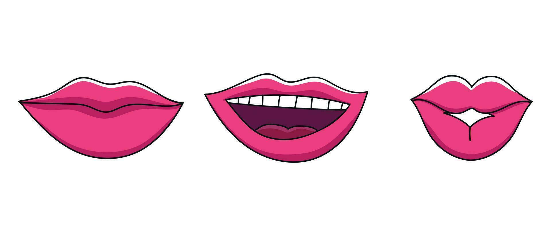 hand- getrokken vrouw lippen met rood lippenstift glimlachen en kussen. vector illustratie