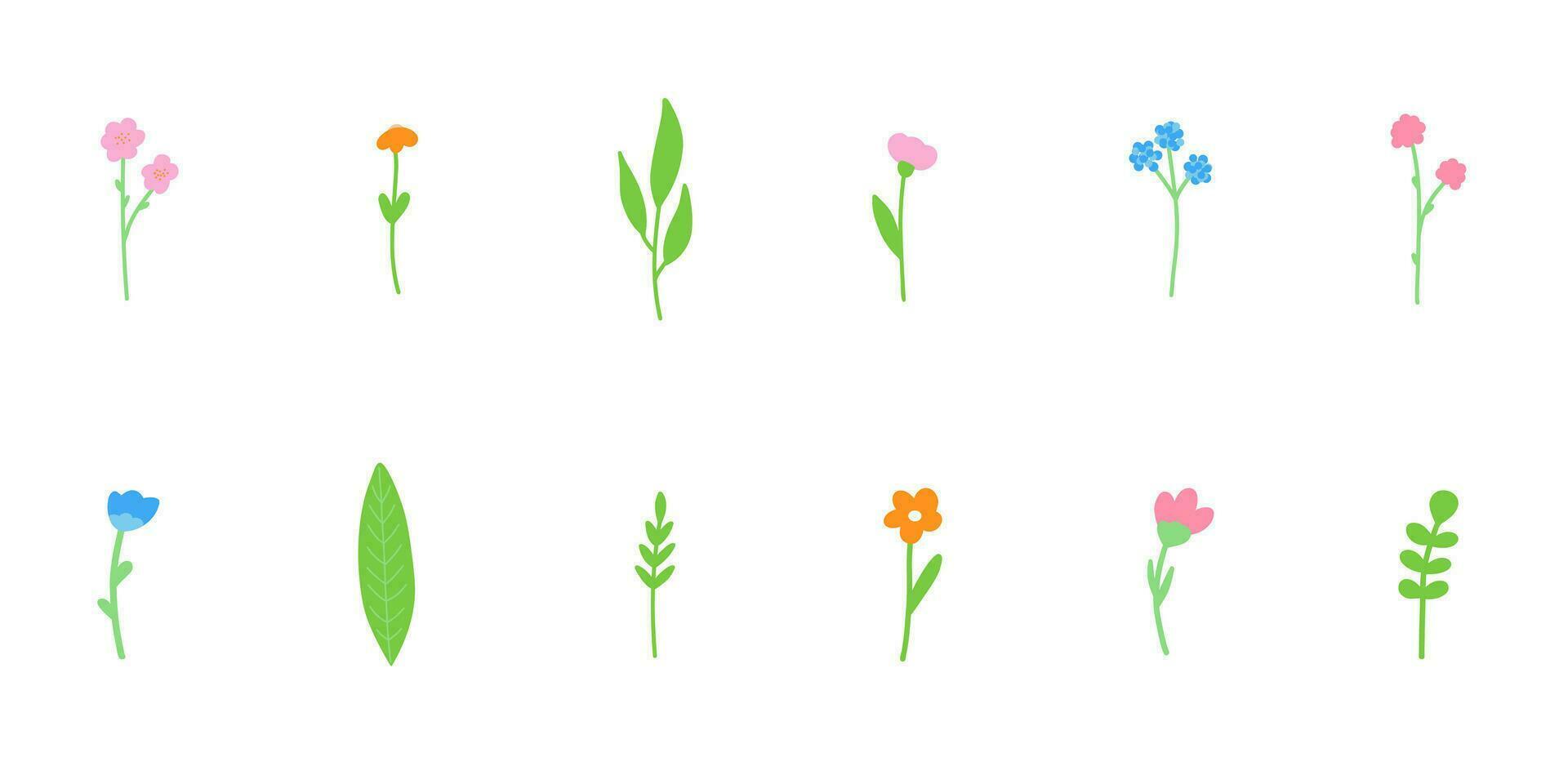 minimalistisch voorjaar bloemen vector illustratie set. tekenfilm gemakkelijk bloemen, bladeren, brunches, planten geïsoleerd Aan wit achtergrond.