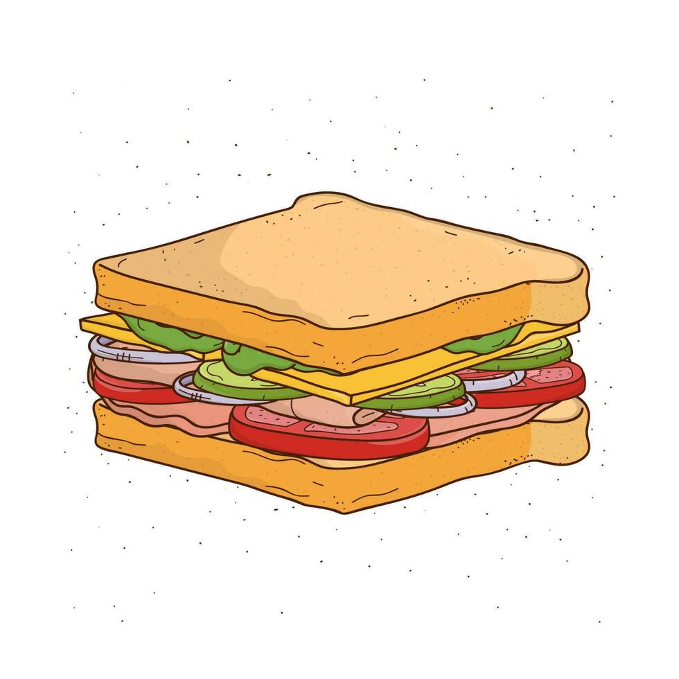belegd broodje met kaas, tomaat, ham en salade. kleurrijk hand- getrokken vector illustratie met belegd broodje Aan wit achtergrond.