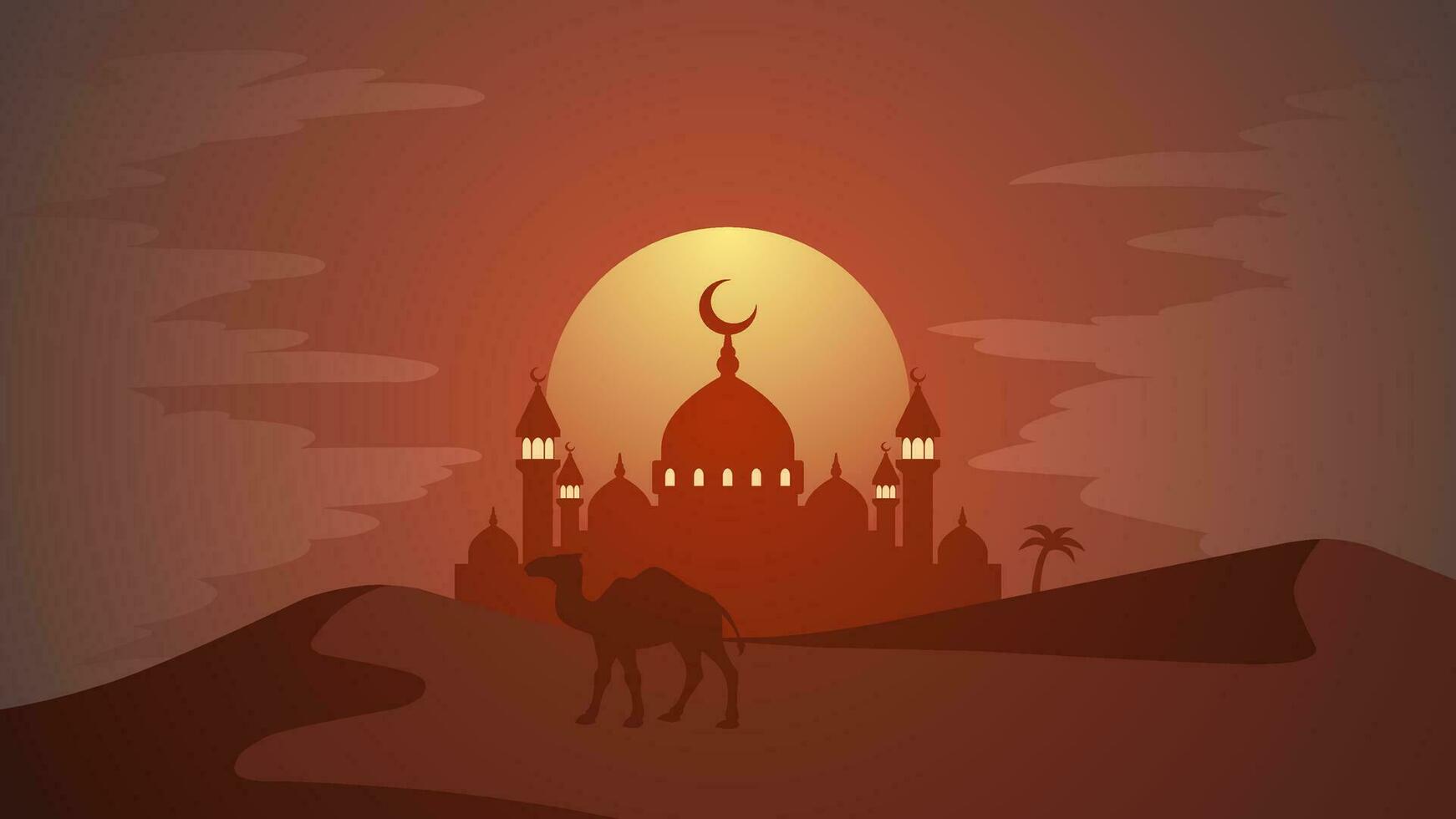 moskee silhouet Bij woestijn in de nacht. Ramadan landschap ontwerp grafisch in moslim cultuur en Islam geloof. moskee landschap vector illustratie, achtergrond of behang