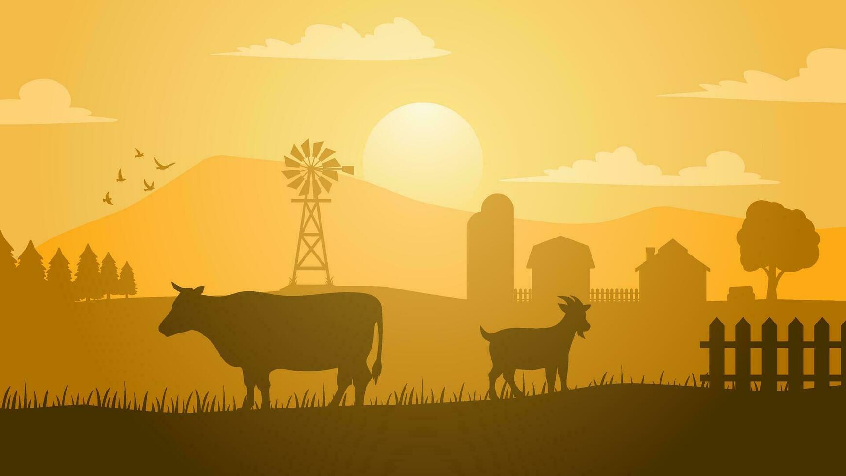 bouwland landschap vector illustratie. platteland silhouet met vee koe en geit. landelijk landbouw landschap voor illustratie, achtergrond of behang