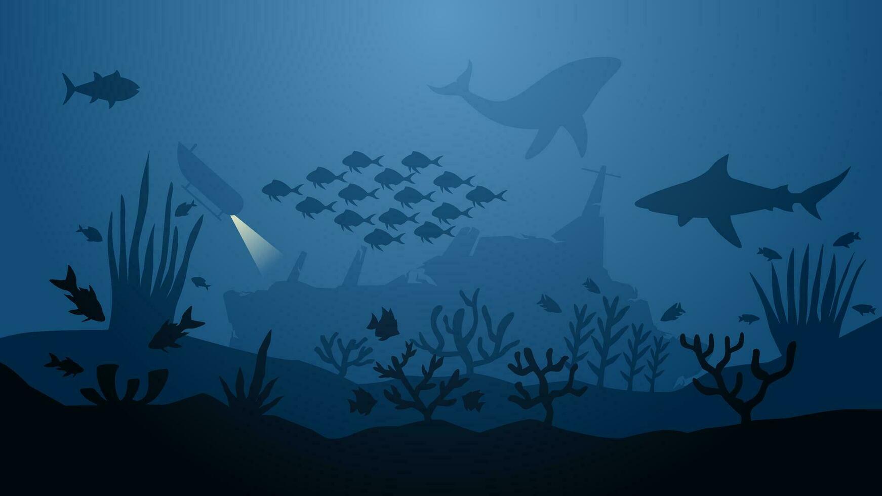 onderwater- zeegezicht vector illustratie. diep zeegezicht met schipbreuk, onderzeeër, vis en koraal rif. onderzees landschap voor illustratie, achtergrond of behang