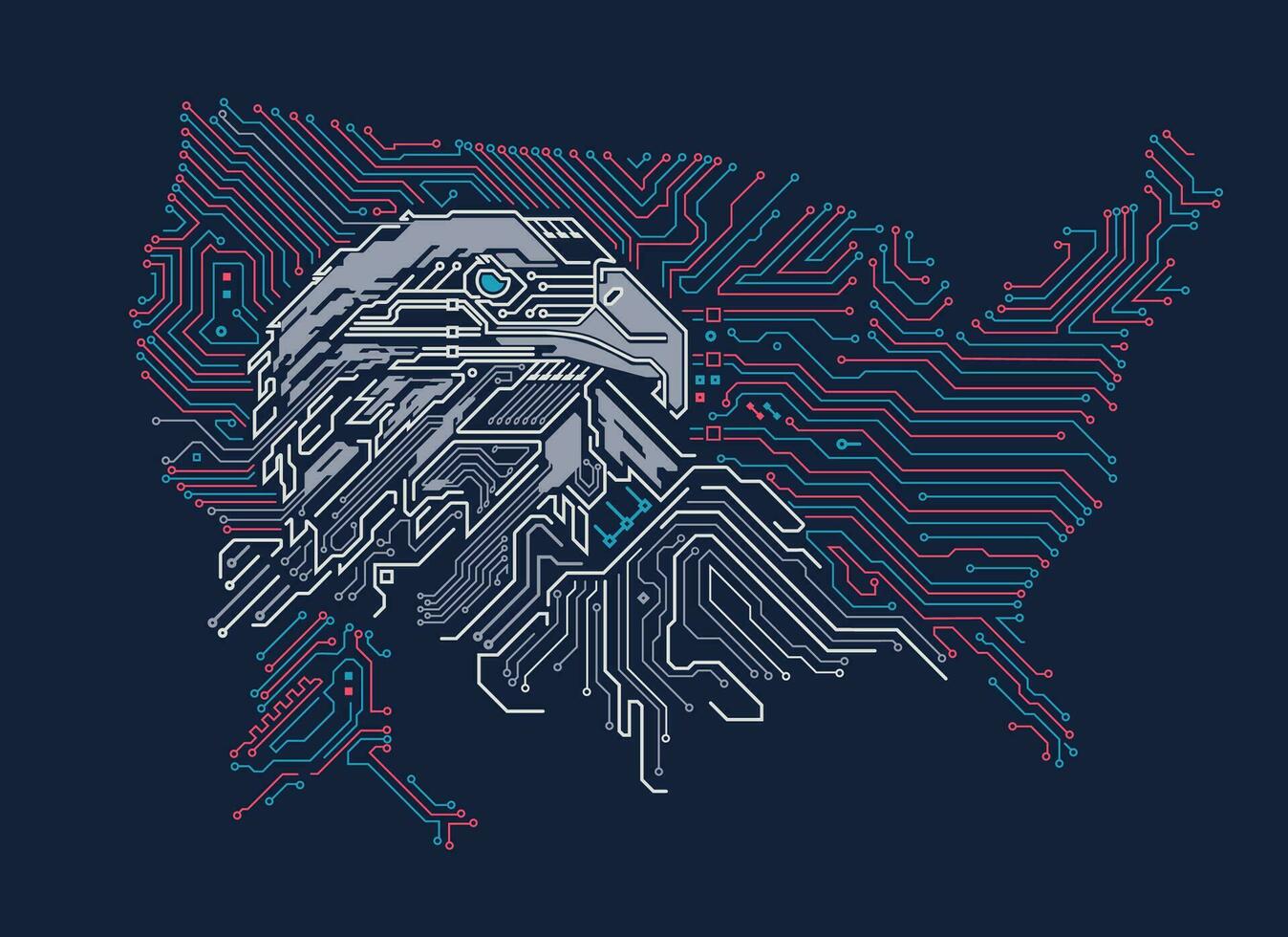 concept van Verenigde Staten van Amerika tech oorlog of Verenigde staten technologie, grafisch van adelaar gecombineerd met stroomkring bord patroon met Verenigde Staten van Amerika kaart vector