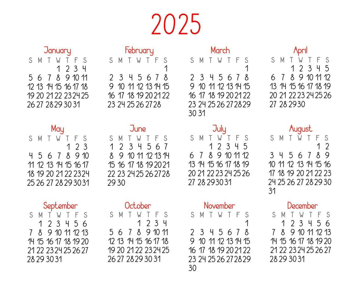 kalender sjabloon voor de jaar 2025 in gemakkelijk minimalistische stijl, week begint Aan zondag, vector afdrukbare bladzijde