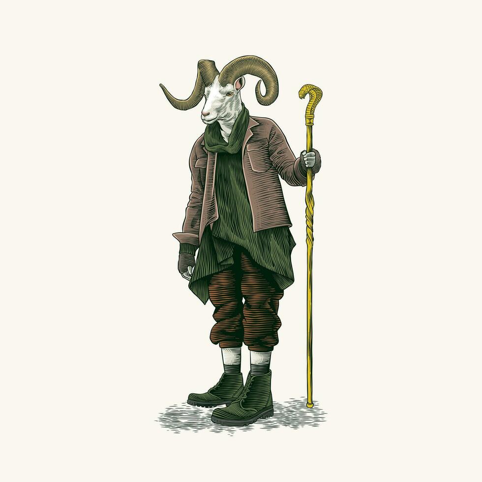 illustratie van een herder met een geit hoofd in wijnoogst stijl vector