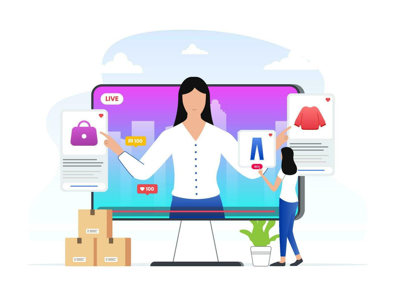 vrouw recensie of verkoop haar Product door leven streaming sociaal handel platform. vrouw kopen Product van sociaal media handel platform concept illustratie. vector