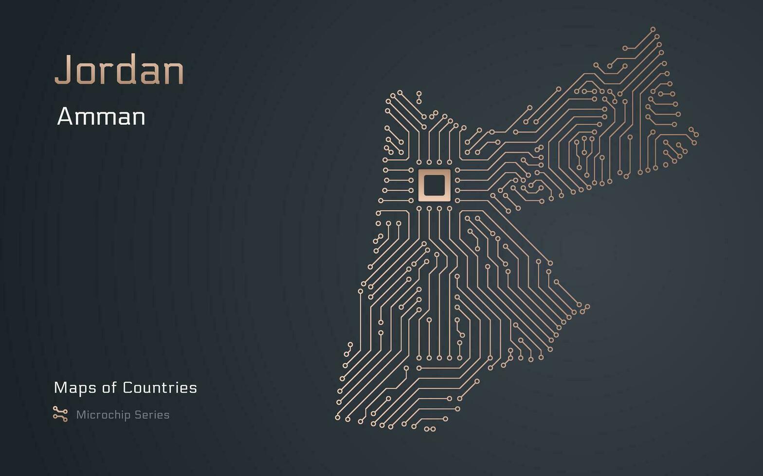 Jordanië kaart met een hoofdstad van Amman getoond in een microchip patroon. e-overheid. wereld landen vector kaarten. microchip serie