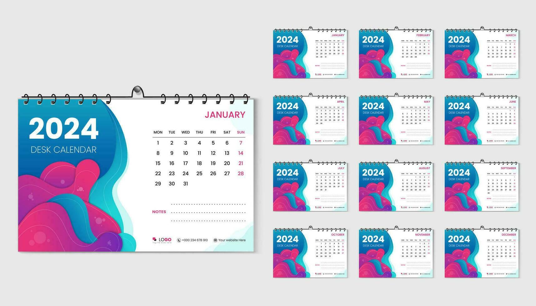 minimaal 2024 bureau kalender ontwerp sjabloon abstract blauw roze koel vloeistof kleur vorm vector