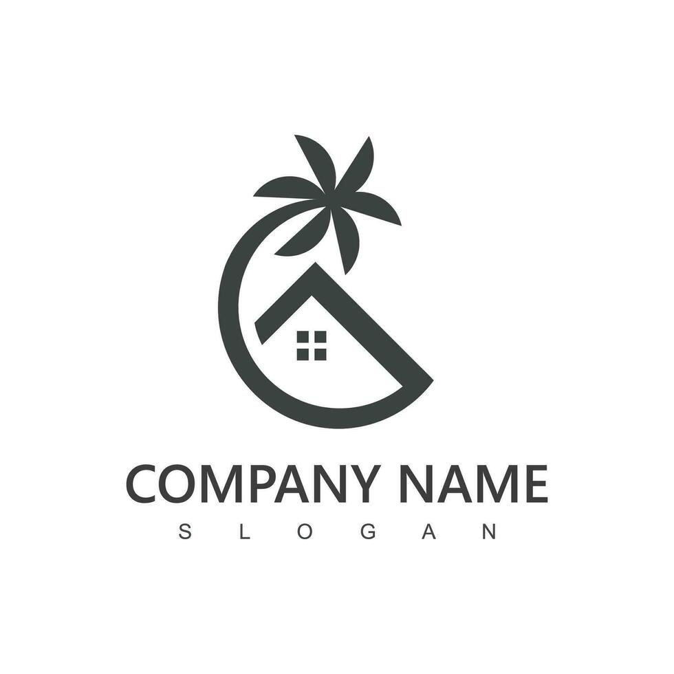 dorp logo, huis en strand ontwerp sjabloon voor dorp, hotel en reizen bedrijf vector