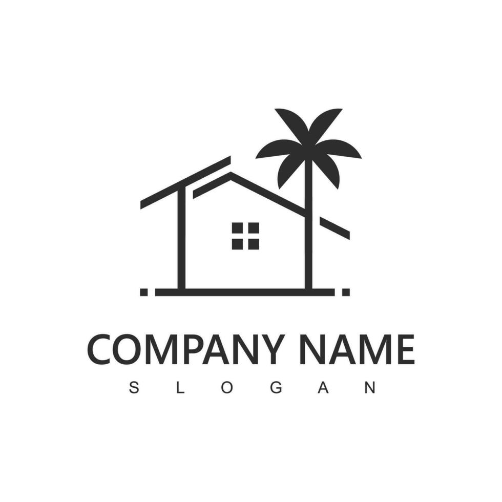 dorp logo, huis en strand ontwerp sjabloon voor dorp, hotel en reizen bedrijf vector