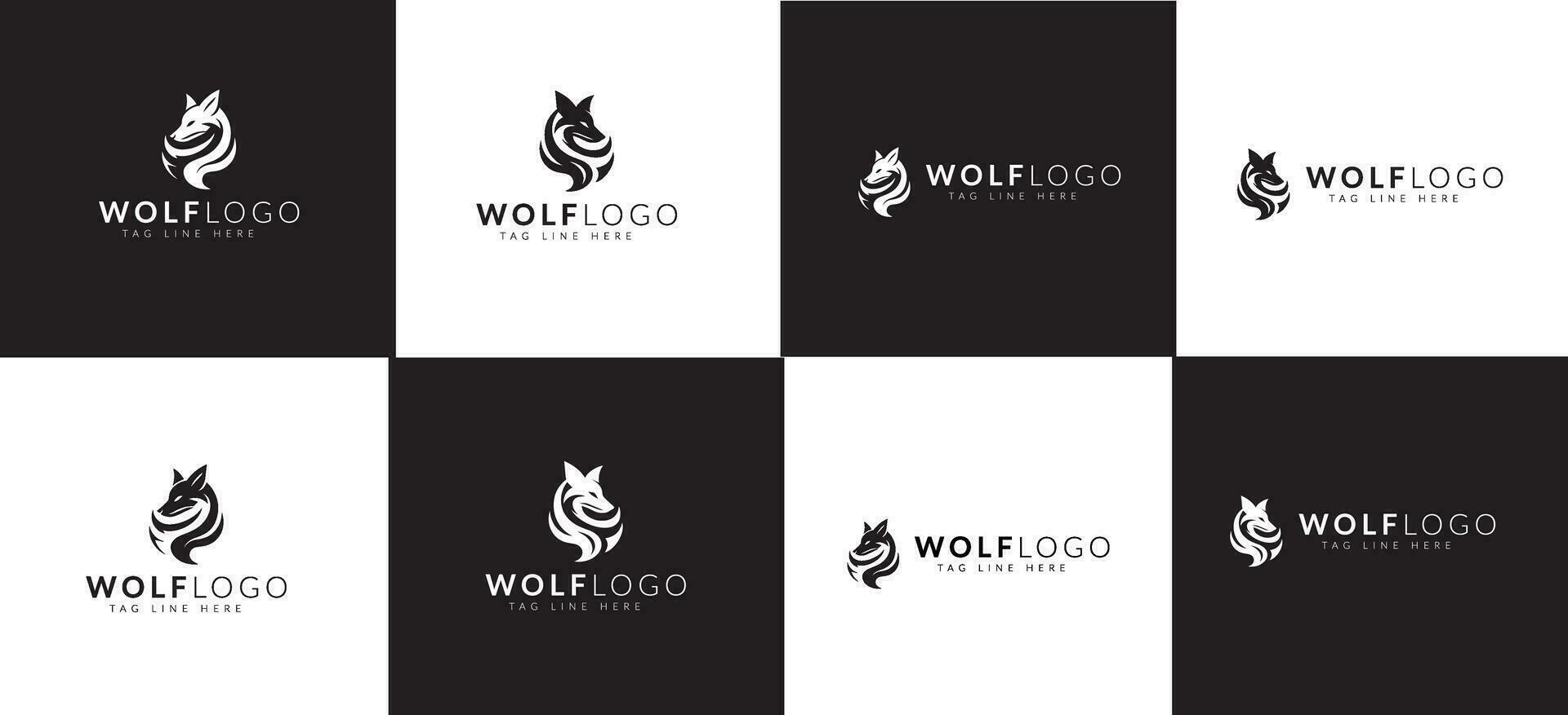 dynamisch rangschikking van gestileerde wolf logo ontwerpen Aan monochroom achtergronden met elegant typografie vector