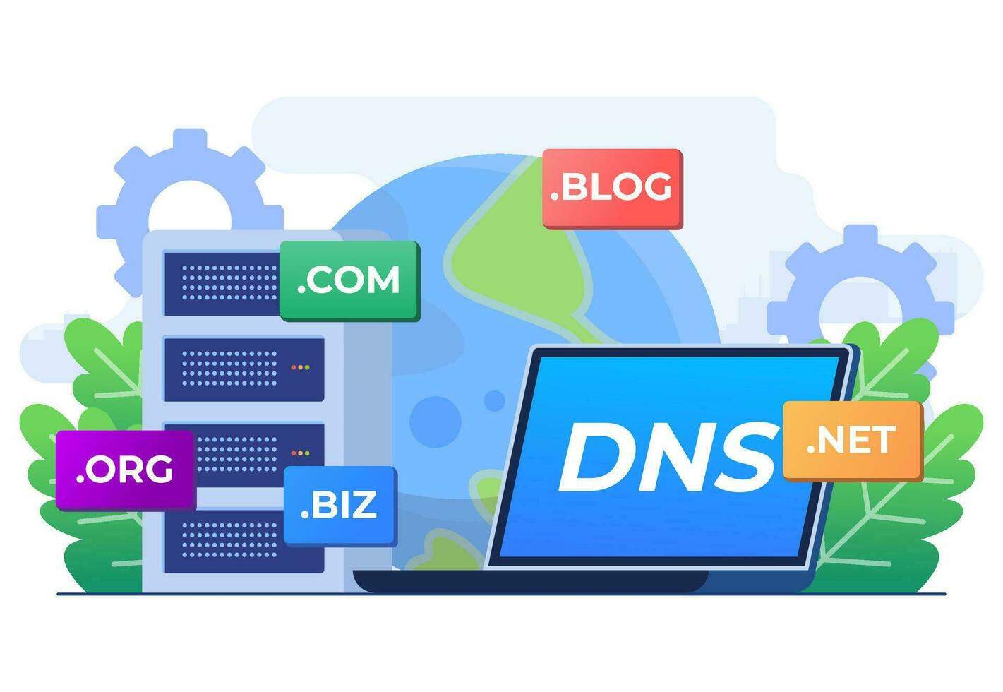 domein naam systeem concept vlak illustratie vector sjabloon, DNS, website domein naam, internet of cyberruimte, domein registratie web bladzijde, Kiezen, vind, kopen, registreren website domein naam