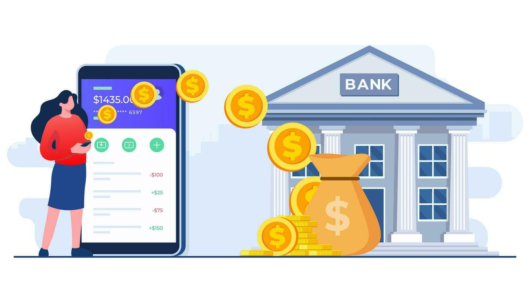 mensen sturen en te ontvangen geld door online bank mobiel app, elektronisch portemonnee, mobiel bank transactie, beveiligen geld overdracht poort vlak illustratie vector sjabloon, digitaal bank mobiel app