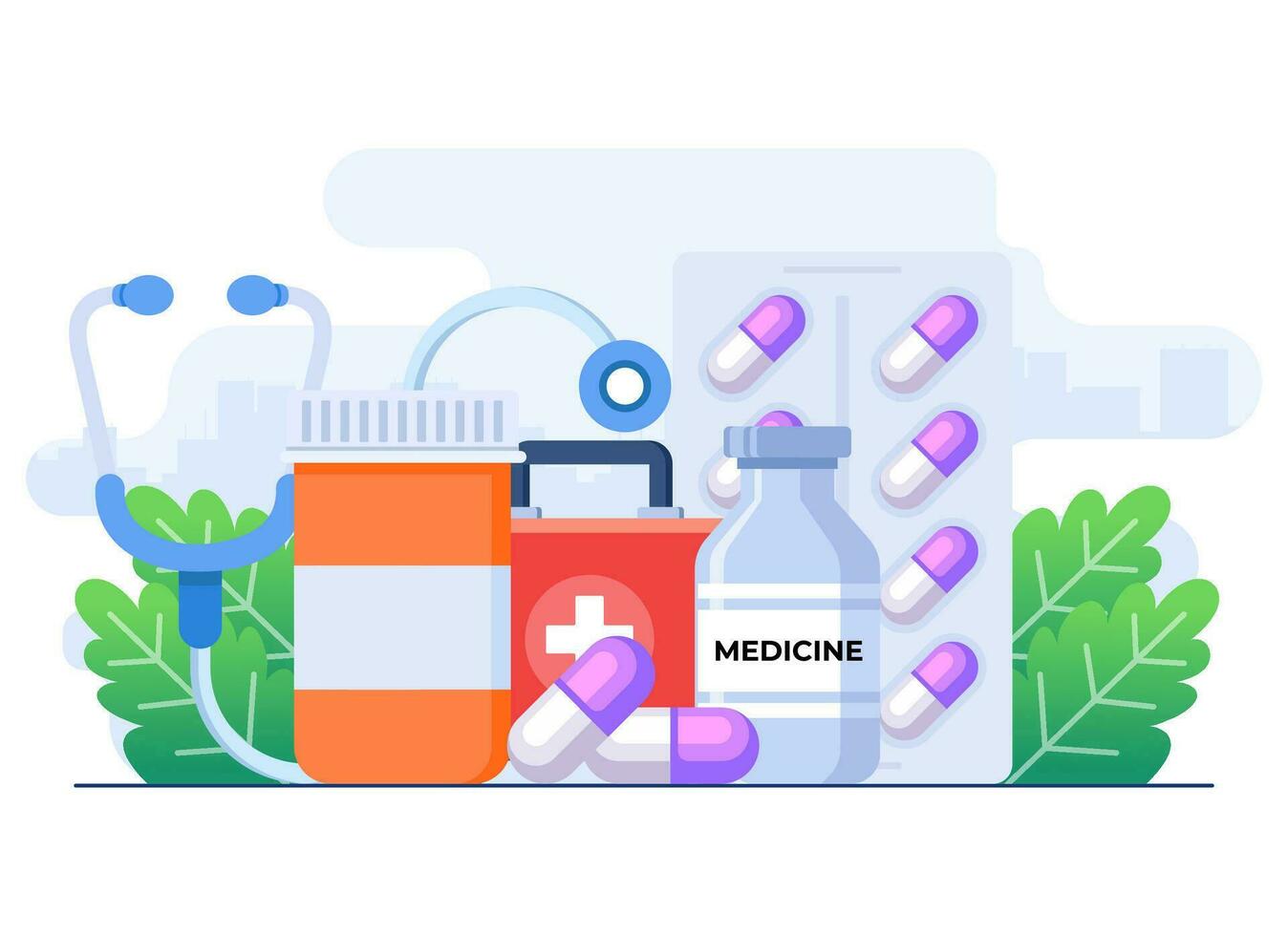 medicijnen vlak illustratie vector sjabloon, medisch drugs, tabletten, capsules, voorschrift flessen, apotheek, gezondheidszorg en Gezondheid Dekking