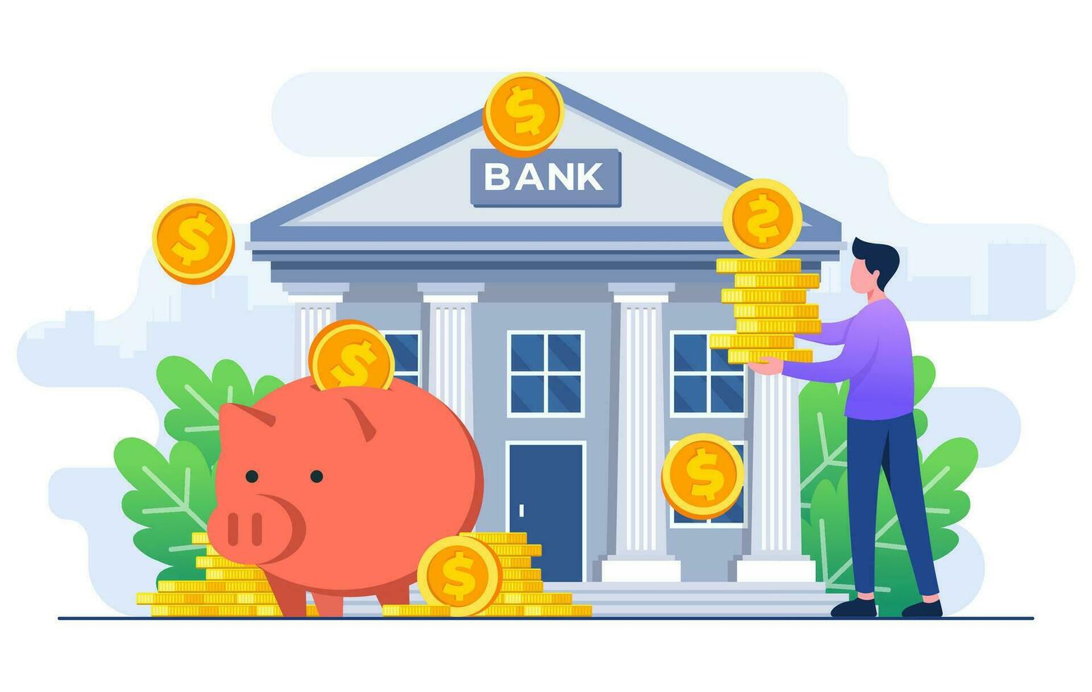 varkentje bank met bank gebouw en munten vlak illustratie vector sjabloon, besparing geld, passief inkomen, investering concept, spaarpot, accumulatie geld, storting geld, bank