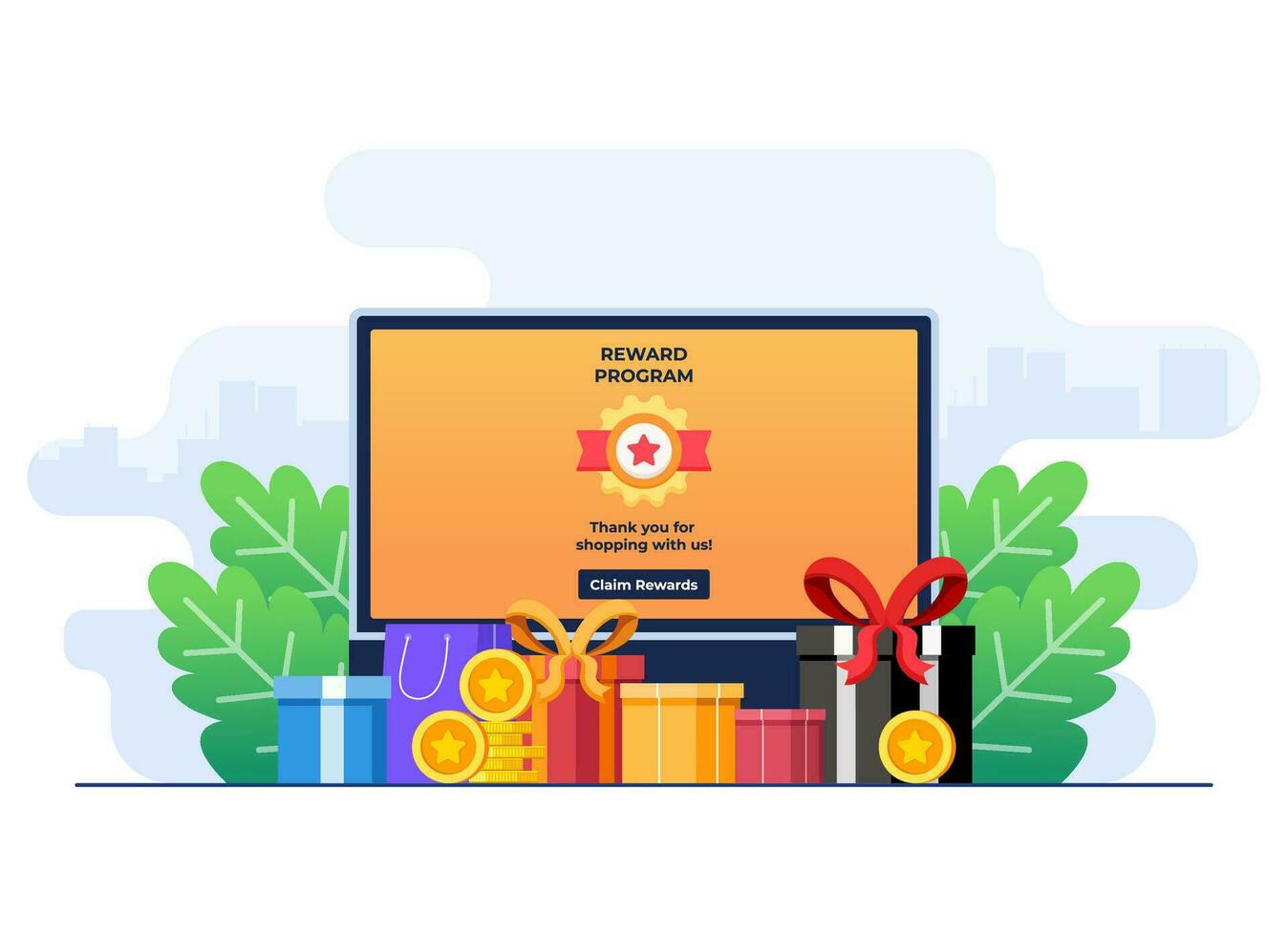 online loyaliteit programma bonus kaart concept vlak illustratie vector sjabloon, verdienen points en goud munten, bonus cashback inkomen, beloning points