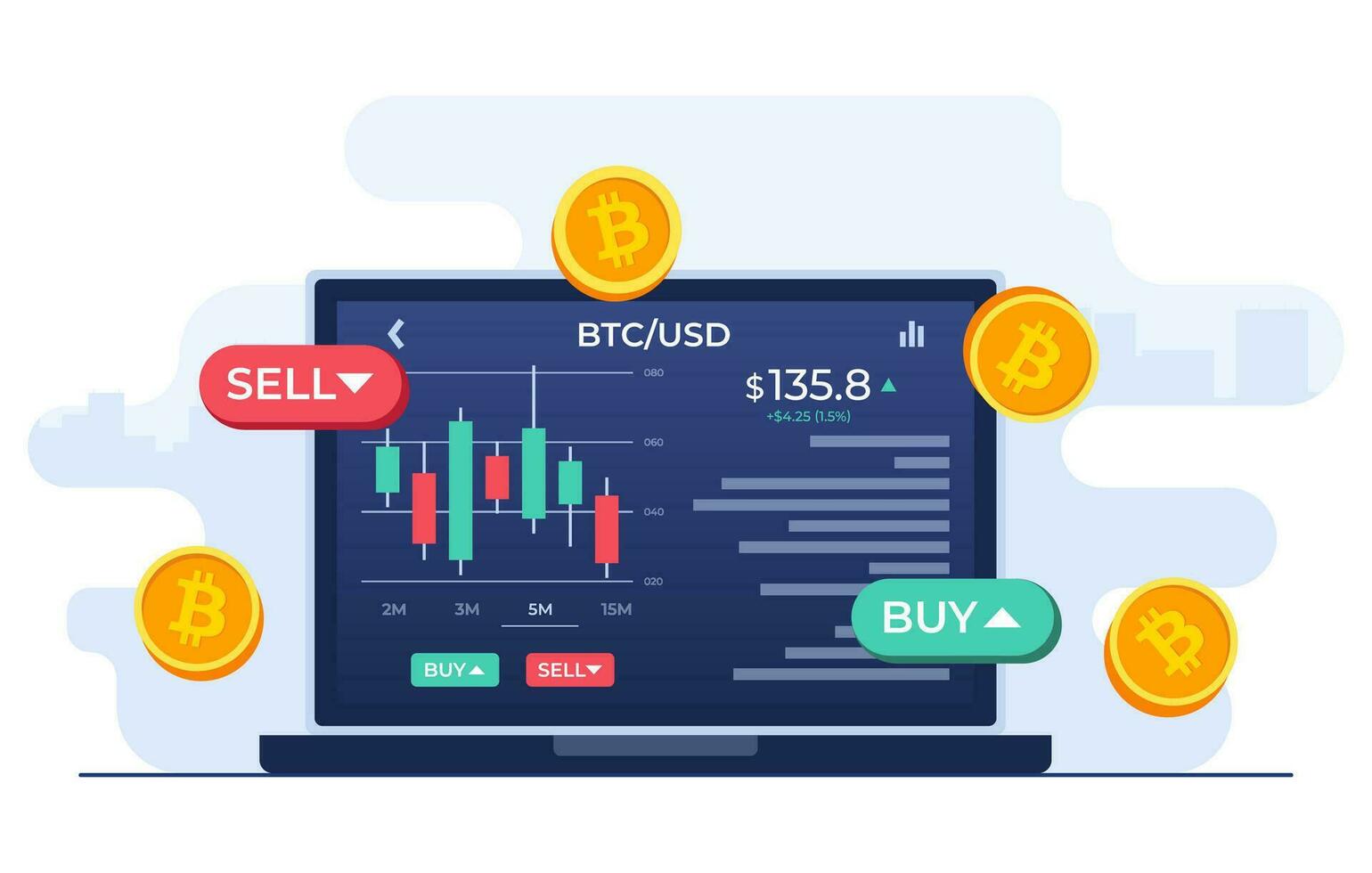 voorraad uitwisseling tafereel met laptop computer, grafiek, en verkopen en kopen opties, cryptogeld handel, kandelaar grafiek, bitcoin, digitaal web geld, crypto investering strategie vector