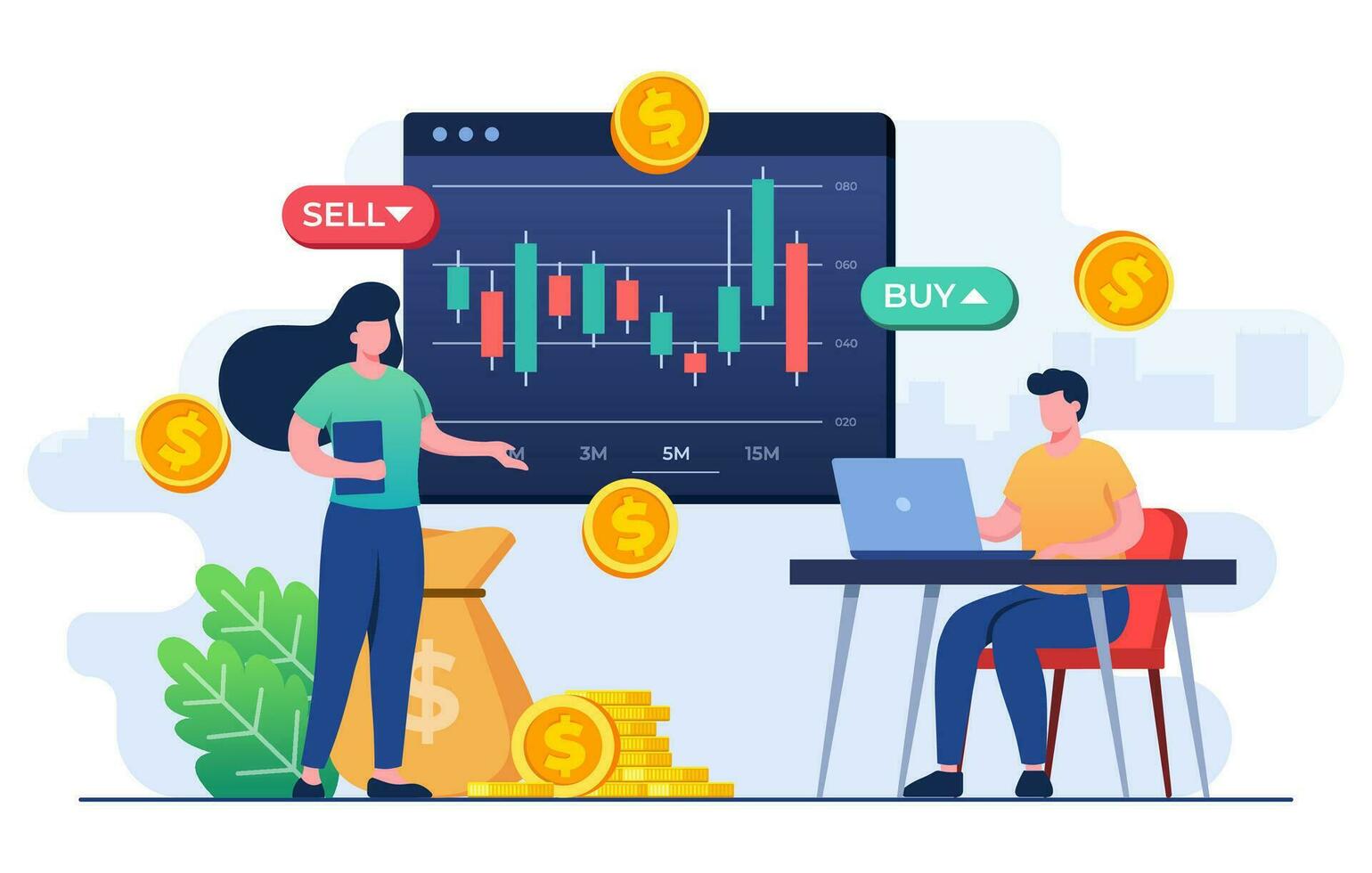 mensen analyseren kandelaar grafieken en voorraad markt statistieken, voorraad handel, economisch groei, bedrijf investering, voorraad markt trends, technisch analyse strategie, bedrijf winsten berekening vector