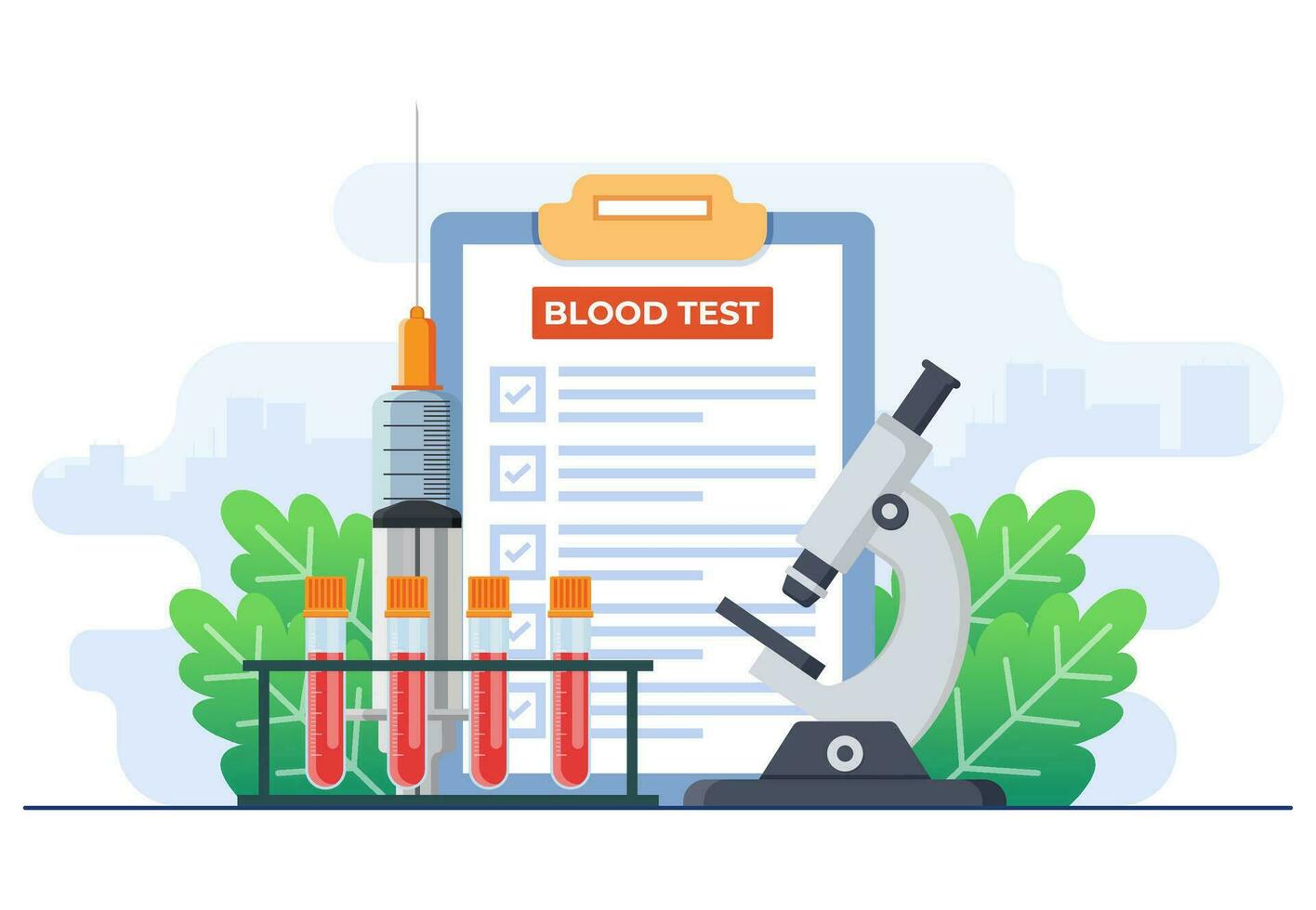 medisch test concept vlak vector illustratie, Gezondheid screening voor diagnose, beoordeling van voorwaarde, wetenschappelijk Onderzoek document, gezondheidszorg en geneesmiddel, bloed testen, wetenschappelijk Onderzoek document