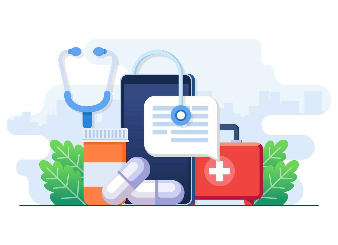 online gezondheidszorg mobiel toepassing concept vlak illustratie vector sjabloon, oline apotheek, medisch onderhoud, telegeneeskunde