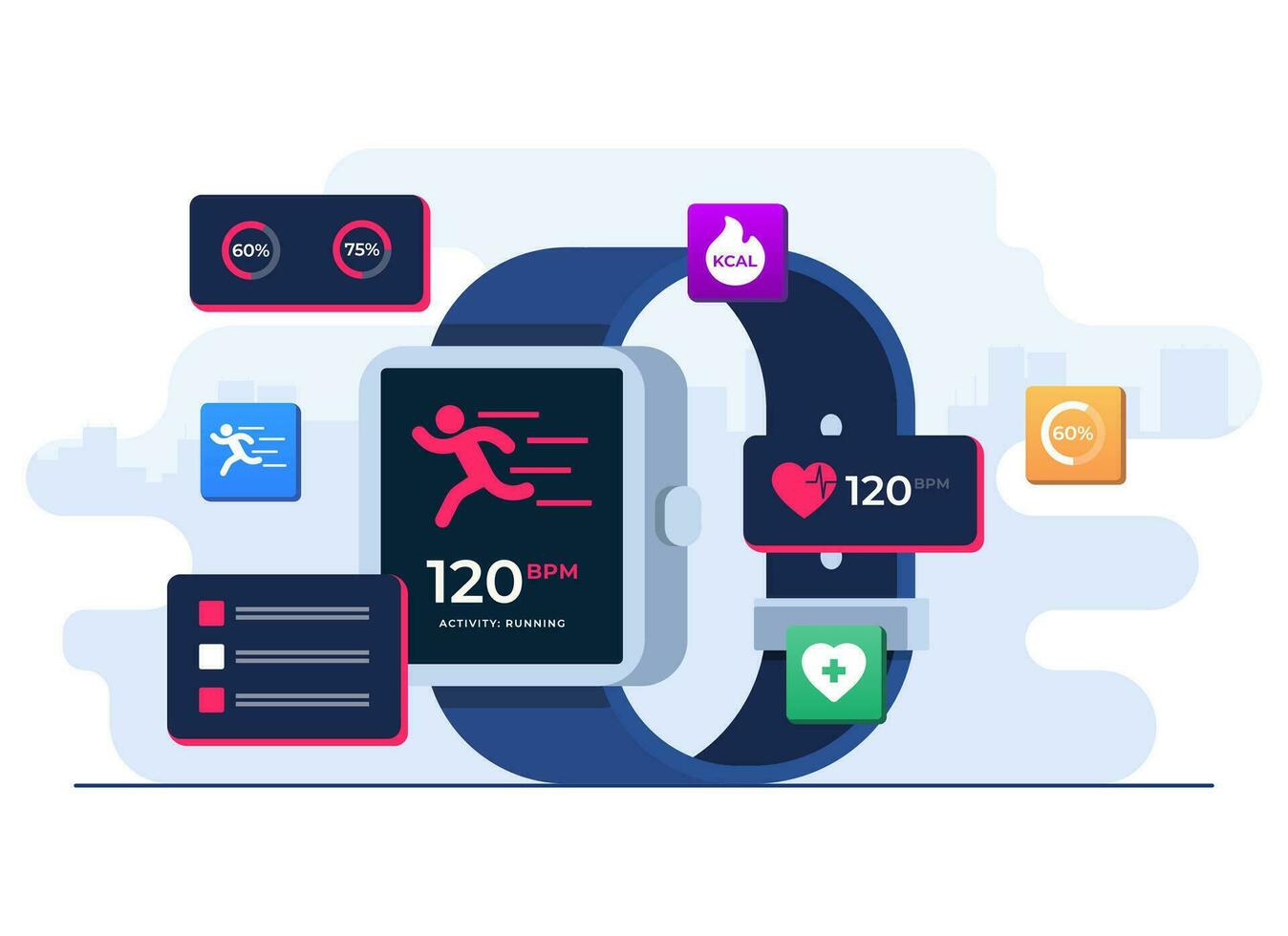 SmartWatch gezondheidszorg concept vlak illustratie, toezicht houden hart tarief in smartwatch, training, geschiktheid en Gezondheid concept, geschiktheid app, om de pols gedragen apparaat vector