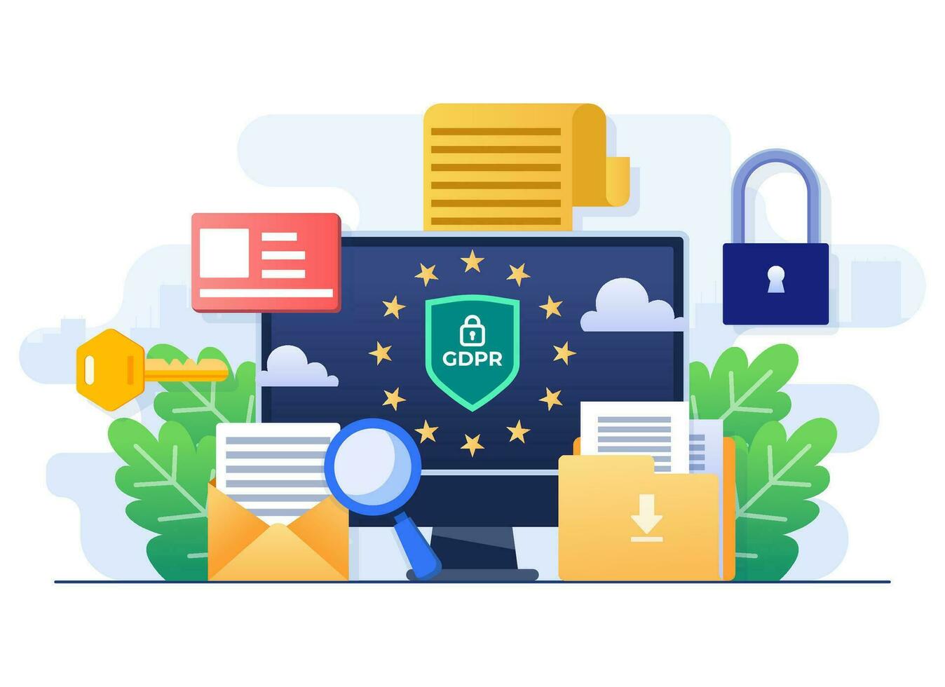 gdpr, algemeen gegevens bescherming regulatie, netwerk gegevens veiligheid, vertrouwelijk gegevens bescherming, web veiligheid, cyber veiligheid technologie concept vlak illustratie voor landen bladzijde, website banier ontwerp vector