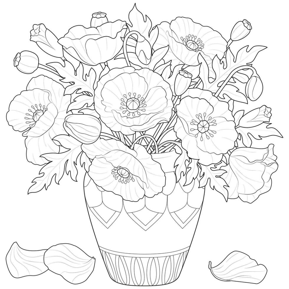 papaver bloemen in een vaas. kunst behandeling kleur bladzijde voor kinderen en volwassenen. vector