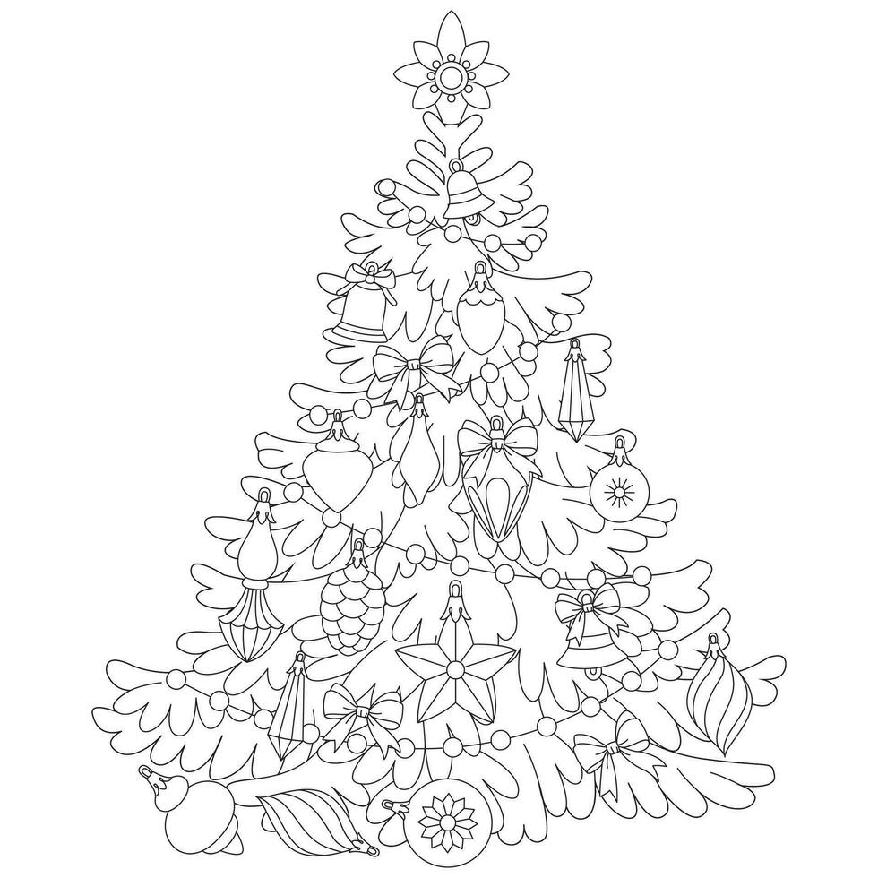 kleur bladzijde van een versierd Kerstmis boom. vector zwart en wit illustratie