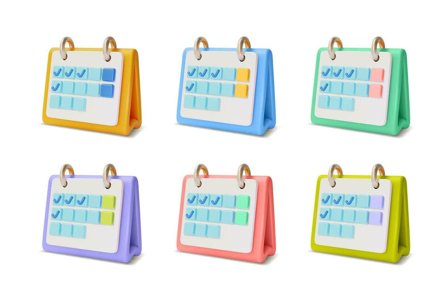 3d verschillend kleur kalender controleren Mark datum herinnering reeks tekenfilm stijl. vector