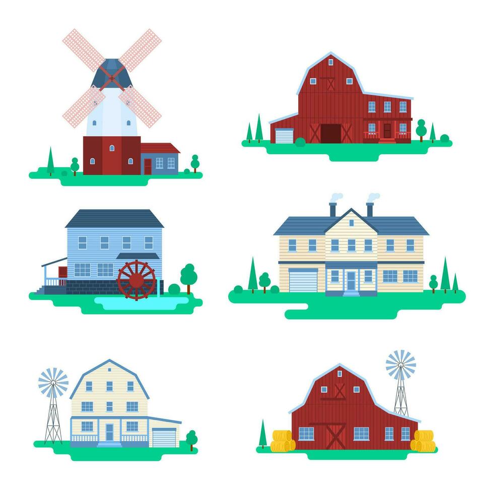 tekenfilm kleur boerderij gebouwen icoon set. vector