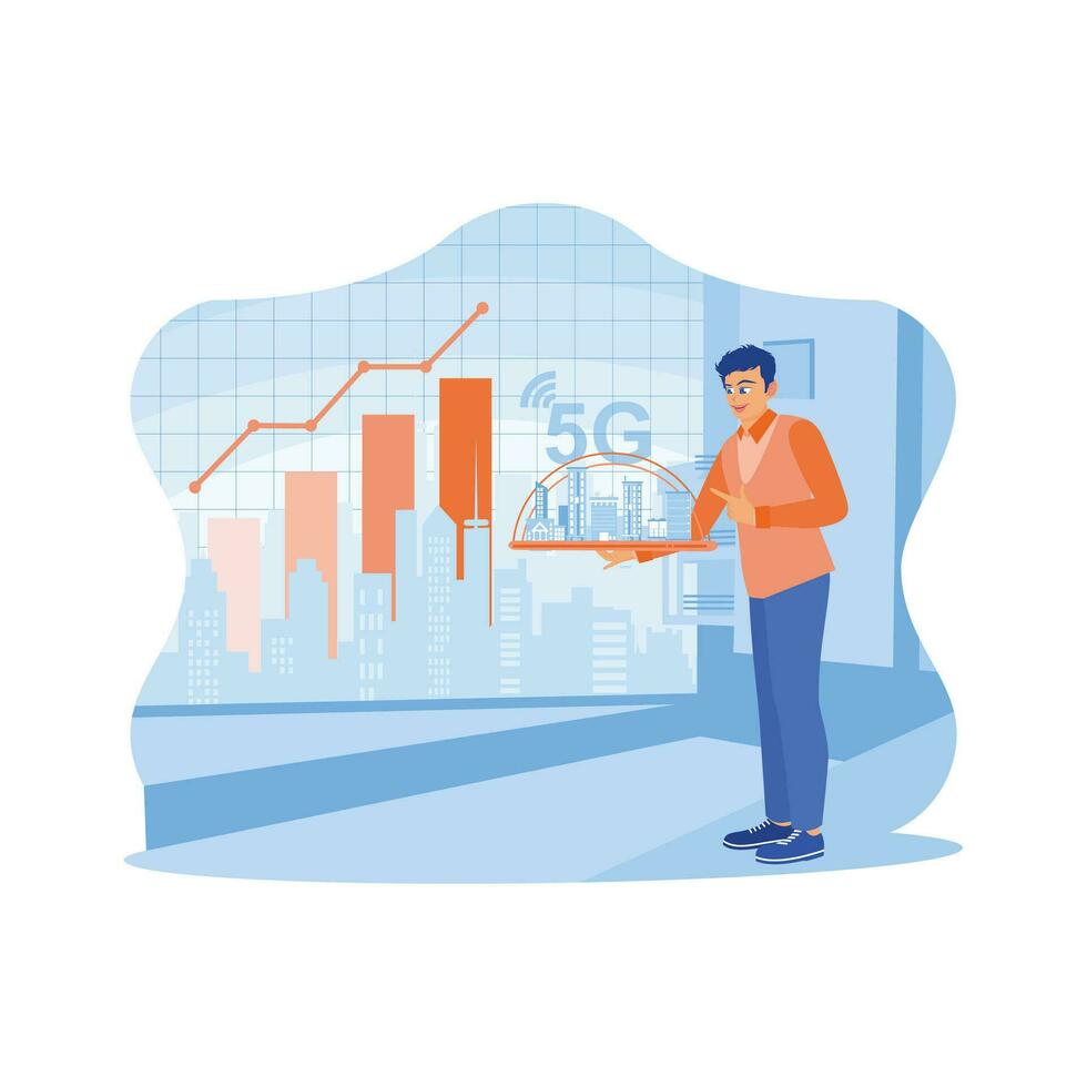 een Mens Holding een miniatuur slim stad is staand binnen de kantoor. de telecommunicatie netwerk toepassingen de concept van 5g draadloze digitaal verbinding en de internet van de toekomst. vector