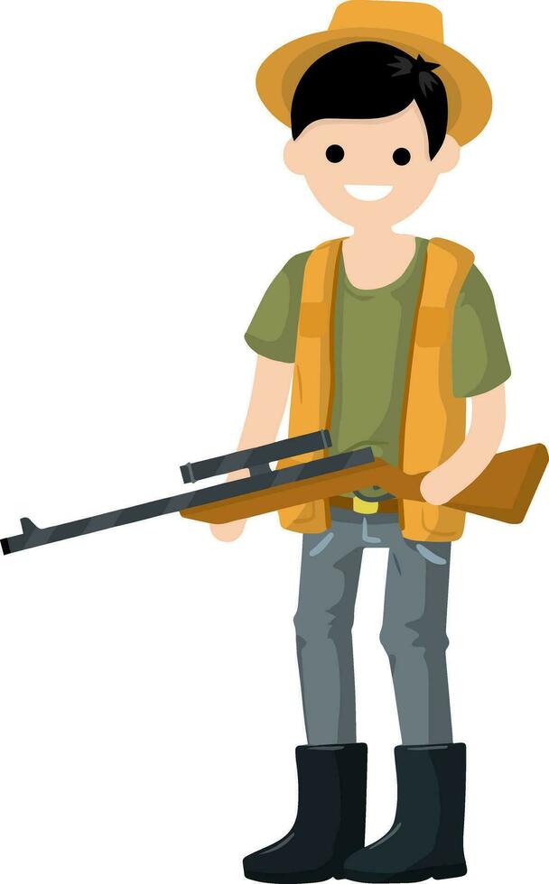 Mens jager met pistool. vent met geweer. schutter en wapen. tekenfilm vlak illustratie. uitrusting voor jacht- dieren vector