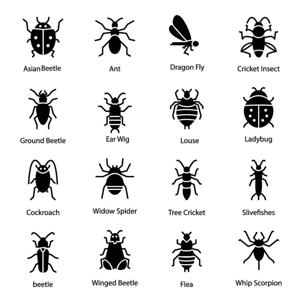 pak van insecten glyph pictogrammen vector