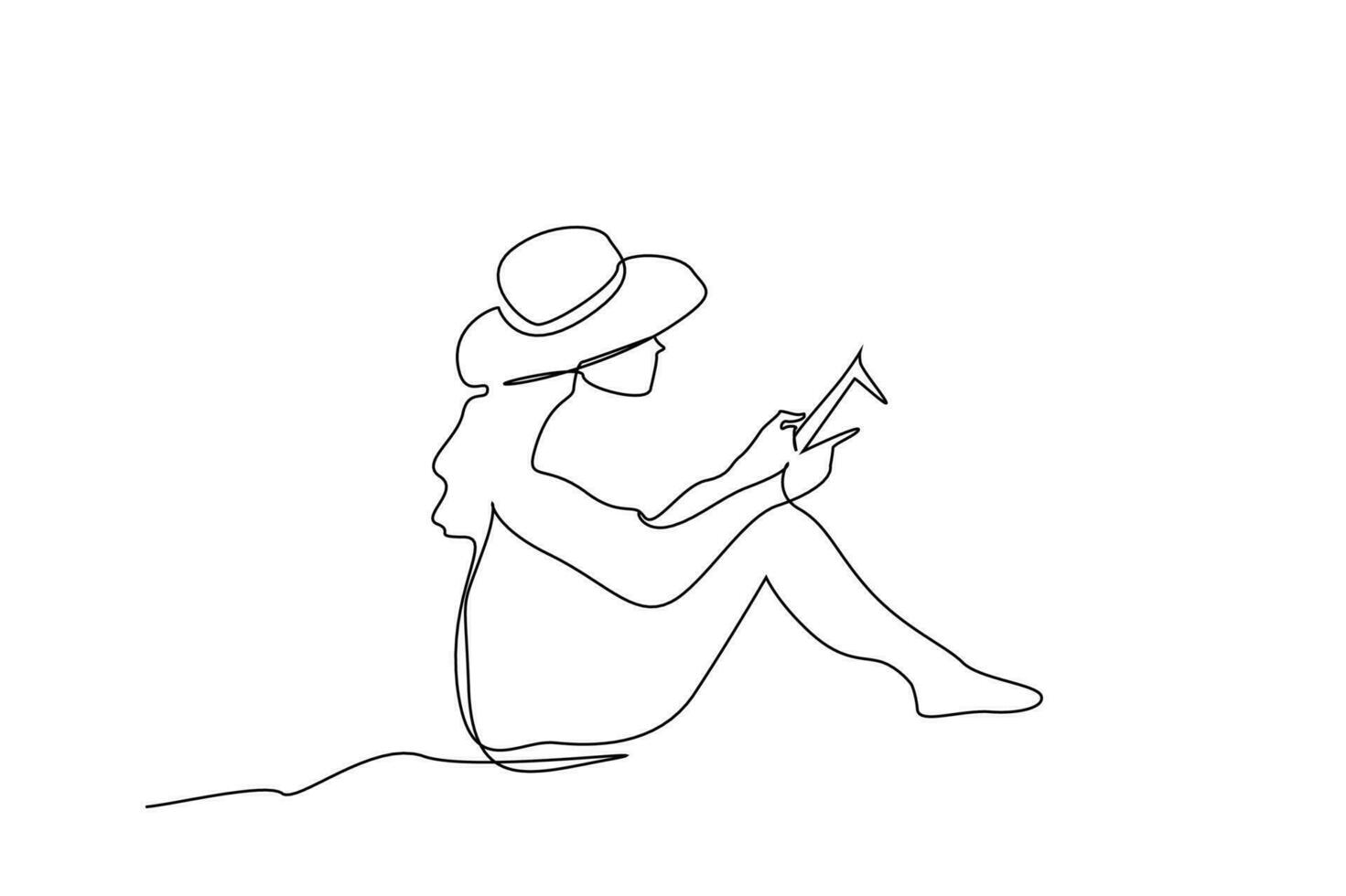 mooi jong vrouw vakantie hoed kust strand kom tot rust lezing boek leven lijn kunst ontwerp vector