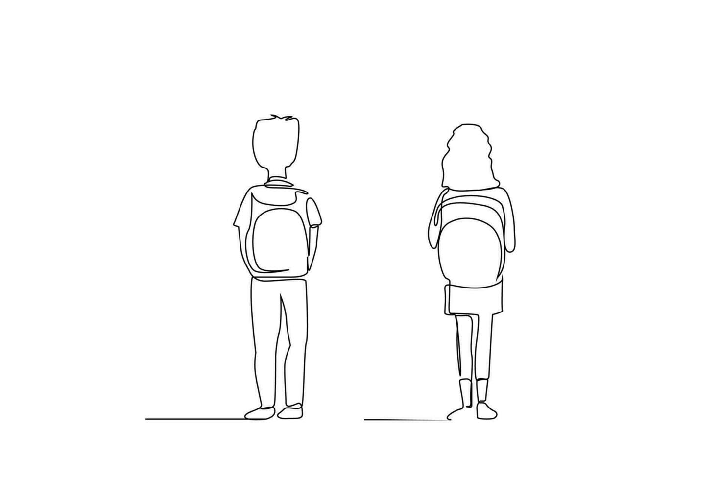 jong leerling meisje met rugzak en jongen vol lichaam lengte terug achterzijde achter lijn kunst ontwerp vector
