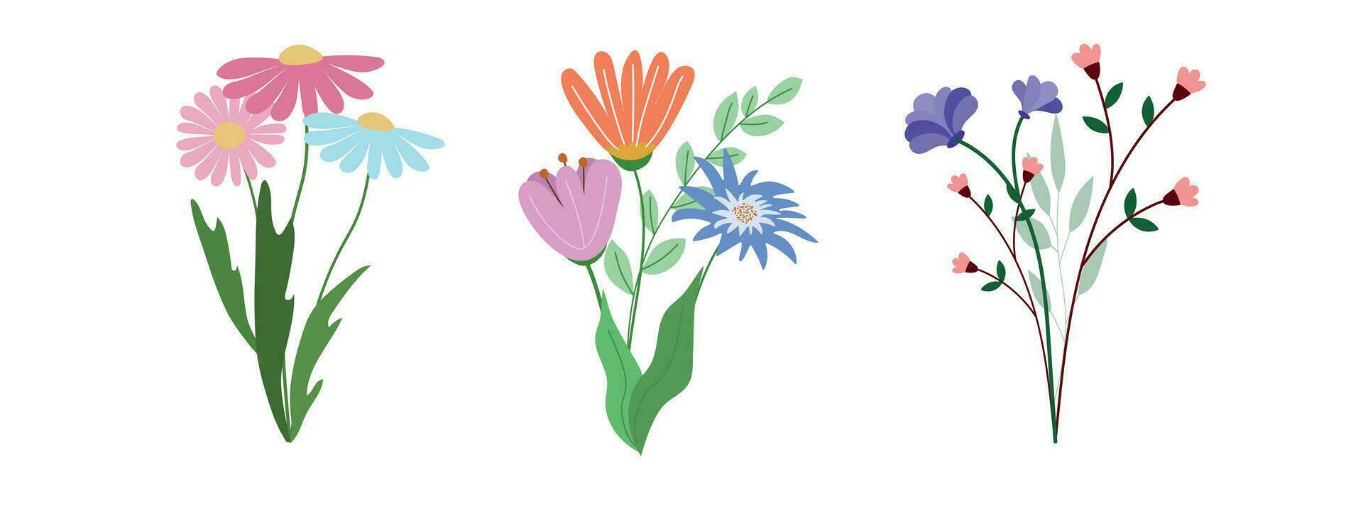 boeketten van creatief bloemen. composities van bloemen met bladeren. vector