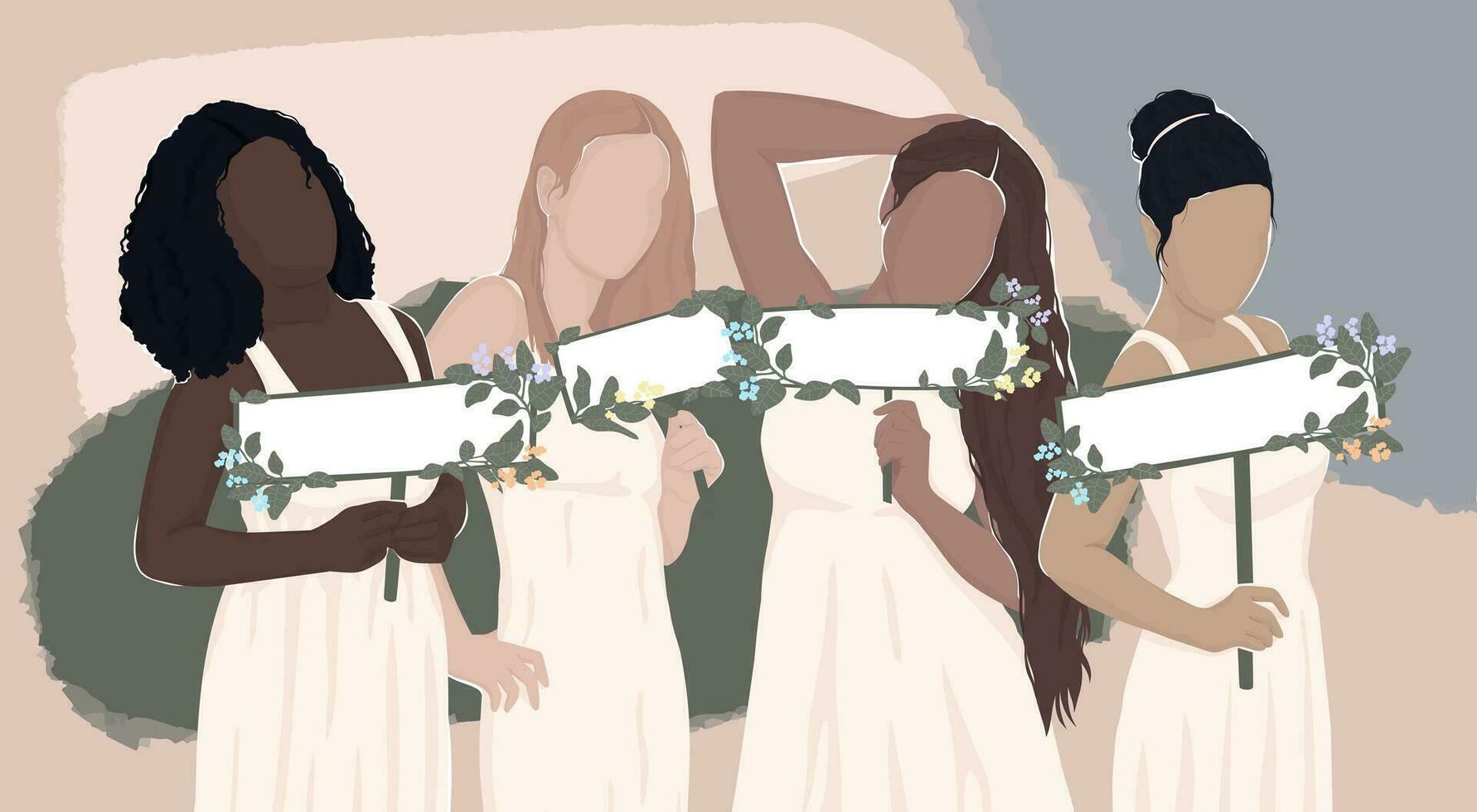 vier verschillend Dames in wit Jurken zijn Holding blanco banners versierd met bloemen voor uw tekst. vector licht natuurlijk modern vlak illustratie. voor banier, ansichtkaart, poster, tijdschrift omslag.