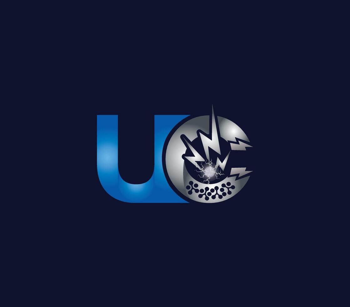 elektrisch energie abstract uc brief creatief logo technologie ontwerp blauw of zilver kleur vector