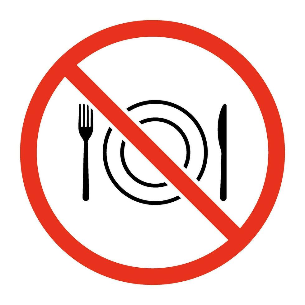 verbod eten, gekruiste uit bestek bord, vork en mes voor voedsel icoon. Nee aan het eten Oppervlakte, cafe of restaurant teken. bestek is verboden. vector teken illustratie