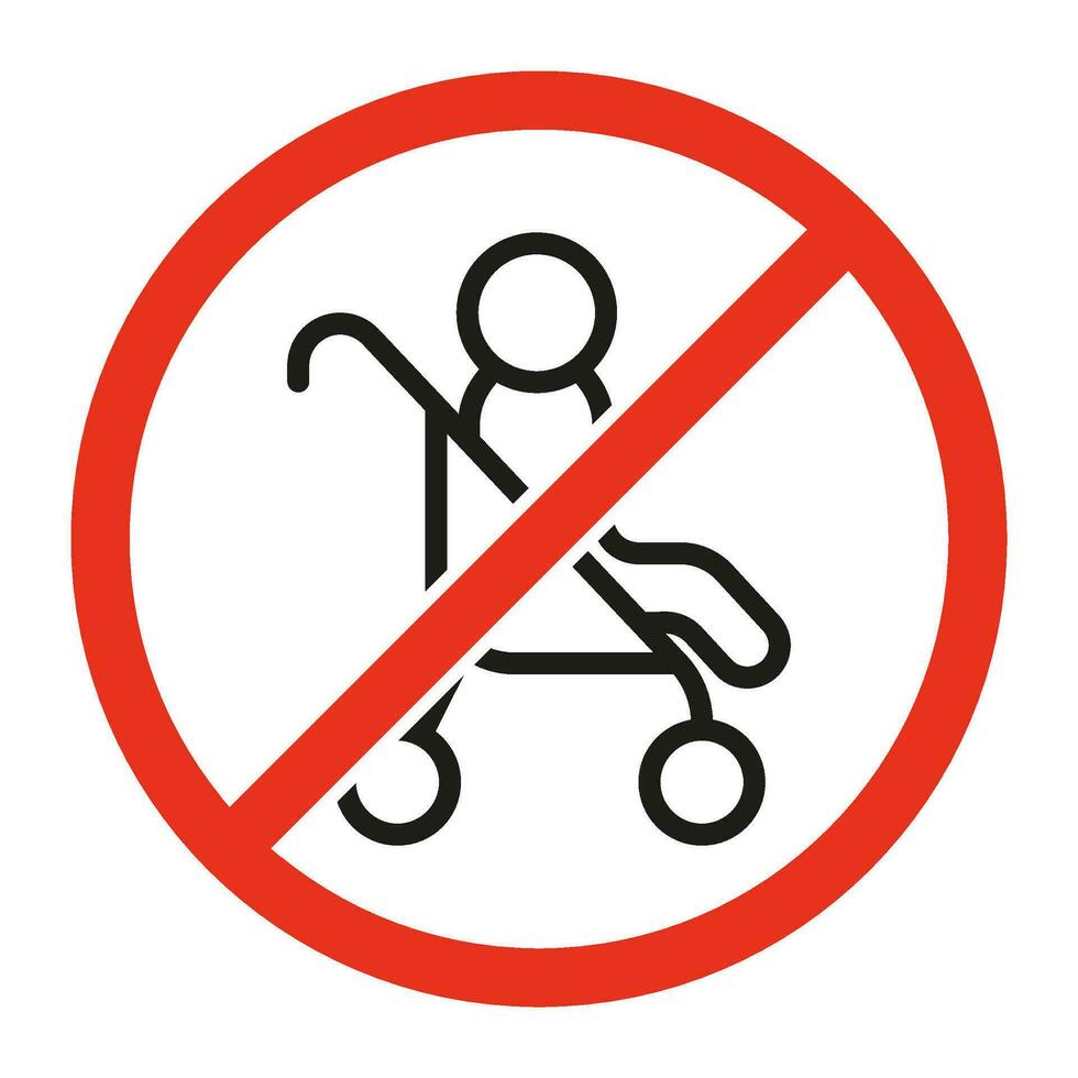 verboden binnenkomst met wandelwagen, lijn teken. symbool van kinderwagen met baby verboden. beperking Aan Ingang met baby koets. vector teken