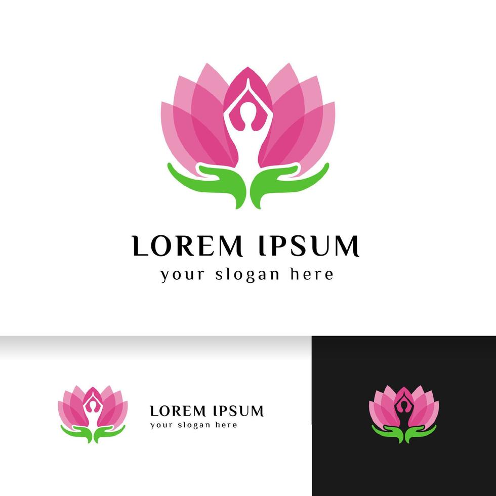 yoga-logo-ontwerpvoorraad in overlay-kleurstijl. menselijke meditatie in lotusbloem met handverzorging vectorillustratie vector