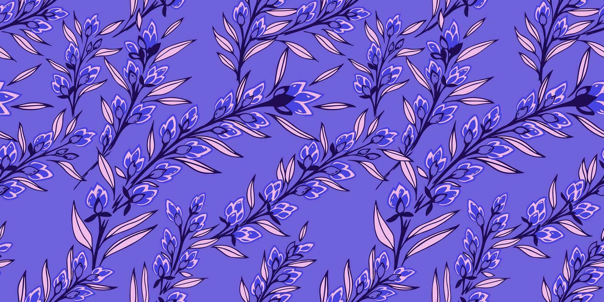 creatief levendig takken bladeren met bloemknoppen bloemen met elkaar verweven in een naadloos patroon. vector hand- getrokken schetsen. abstract kunst bloemen afdrukken Aan een blauw achtergrond. ontwerp voor mode, kleding stof, behang.