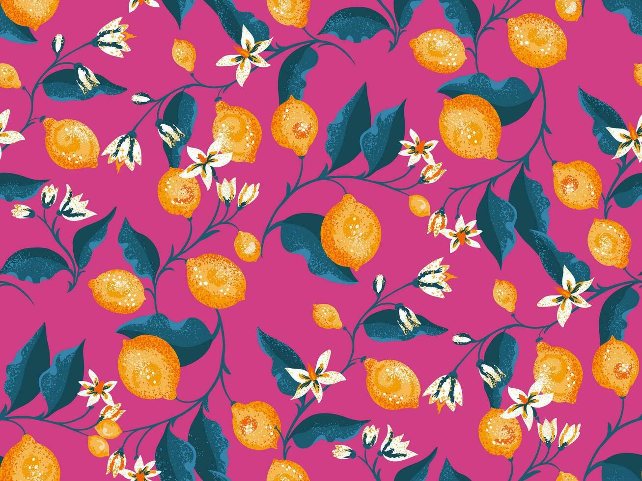 reactief abstract limoen en citroen takken bladeren en klein bloemen naadloos patroon. kleurrijk tropisch bloemen en fruit illustratie voor afdrukken Aan een roze achtergrond. vector hand- getrokken.