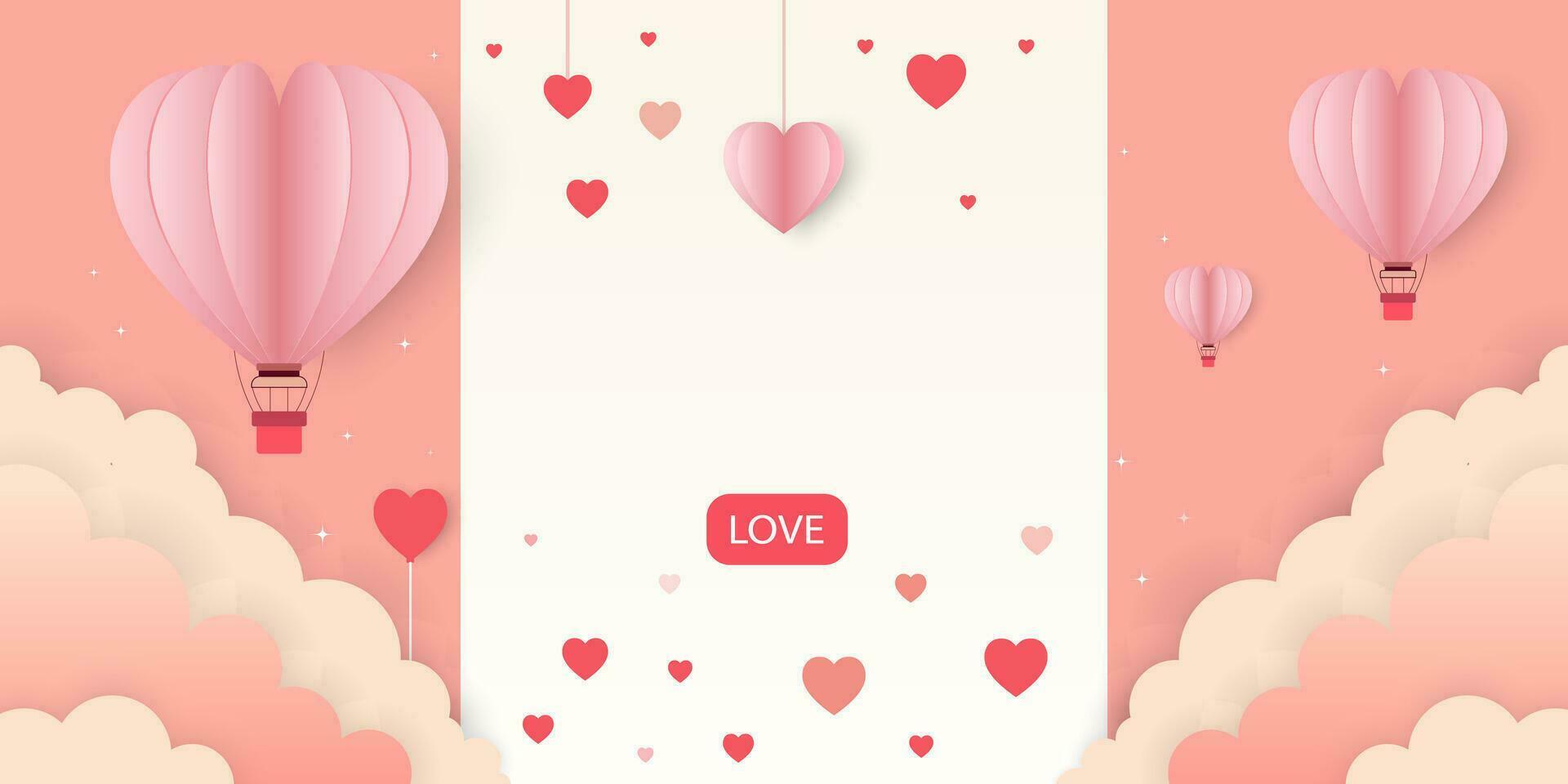 roze achtergrond met rood harten, wolken, heet lucht ballonnen, hart ballonnen en papier harten ,voor Valentijnsdag dag verkoop spandoeken, affiches of Valentijn kaart, liefde achtergrond, vector illustratie