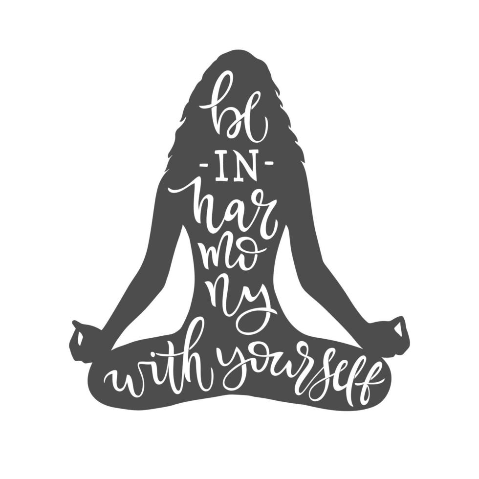 monochroom vector sjabloon met silhouet van meisje in meditatie en belettering voor internationale yogadag. illustratie met belettering van motiverende zin voor stempel, print, sticker, shirt, banner.