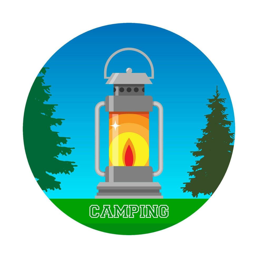 oud olie lamp oud kerosine en olie wijnoogst lantaarn met brandend lont en houder. camping verlichting. reizigers verlichting apparatuur. vector illustratie