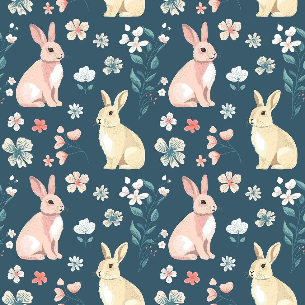 vector naadloos patroon met schattig konijntjes. voorjaar achtergronden in volk stijl. wijnoogst konijnen hand- getrokken afdrukken.